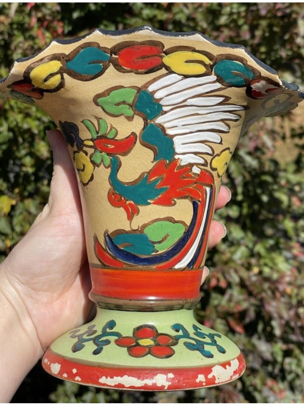 Antique Art Deco Japanese Satsuma Hand Painted Phoenix Bird Vase 1920s 1930s